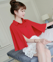 韩版春秋衬衣红色蝙蝠斗篷假两件雪纺衫女修身上衣披肩衬衫