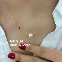 韩国正品流行14K黄金项链 套链 珍珠 红宝石 韩版项链饰品女款