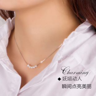 圆珠天然淡水珍珠项链正品S925银锁骨链 送女友生日礼物 精致典雅