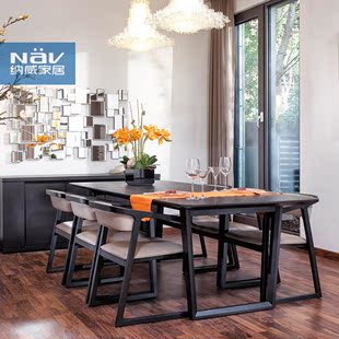 纳威黑色实木餐桌 简约现代大小户型饭桌组合方形餐桌家用餐桌椅