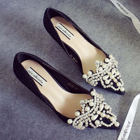韩国秋季新款唯美水钻珍珠蕾丝尖头细高跟单鞋 公主水晶鞋女鞋