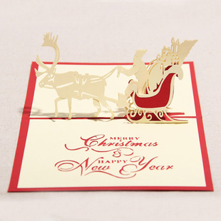 立体圣诞贺卡 圣诞老人鹿车 创意3D喜庆感恩节礼物卡片 批发定制
