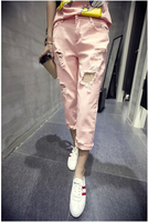 【小颖家】2015夏装新款韩版破洞做旧口袋糖果色七分裤牛仔裤 女