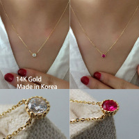 韩国正品流行进口14K黄金项链 时尚圆形镶钻粉宝石 锁骨链
