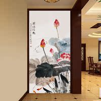 现代中式简约 玄关壁纸壁画 走廊过道墙纸装饰画 竖版水墨荷花