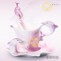 珐琅瓷海豚单杯配勺手工彩绘陶瓷创意套装咖啡杯碟茶杯杯子礼品瓷