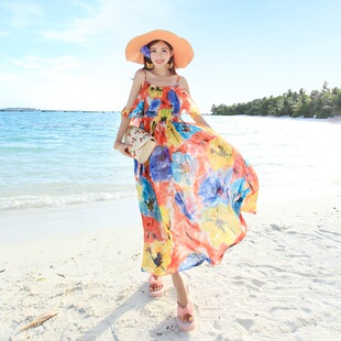 MISSFOX夏新款波西米亚度假沙滩裙长裙雪纺碎花吊带裙连衣裙