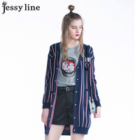 jessy line2016秋装新款 杰茜莱中长款条纹针显瘦织开衫 女外套