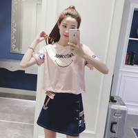 韩版学院风甜美时尚套装裙女夏季中学生短袖T恤+牛仔半身裙两件套