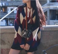 2016新款日系森女方块撞色中长款毛衣女学院风针织衫扣子开衫外套