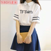TFBOYS同款衣服连衣裙女装中学生学院风海军风两件套短袖应援裙子