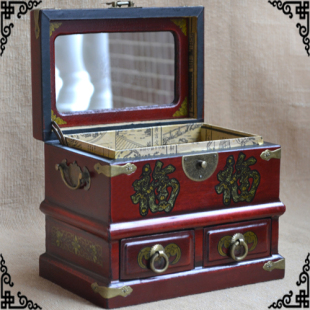仿古梳妆盒带镜子大号复古梳妆盒收纳盒实木质明清中式梳妆盒欧式