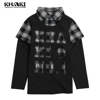 KHAKI 卡琪屋2015秋新款男童格子字母拼贴假两件翻领长袖T恤