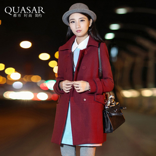 quasar2014新款秋冬韩版酒红色中长款修身羊毛呢子大衣 毛呢外套