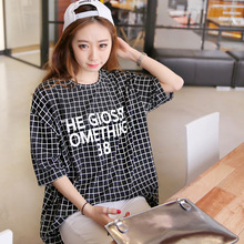 2016年夏季新款韩版女装棉麻格子短袖T恤女宽松圆领大码女士T恤