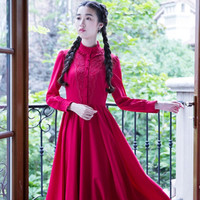 复古风文艺范优雅气质仙女 秋季新款长袖枣红色显瘦长裙连衣裙