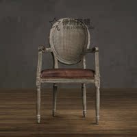 美式乡村实木复古做旧藤背圆背餐椅法式风化灰带扶手圆背椅可定制