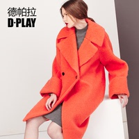 D－PLAY2015冬欧美宽袖大衣橘色宽松廓形羊毛呢大衣保暖厚外套