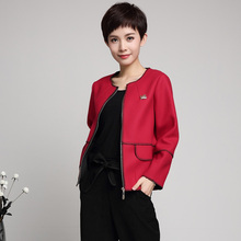 时尚短外套 2016春装新款中年女妈妈大码休闲圆领中国红毛呢外套