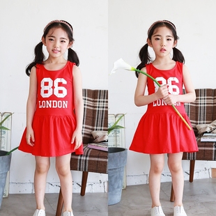 儿童夏季连衣裙韩版童装运动风背心裙子可爱纯棉大红色沙滩裙新品