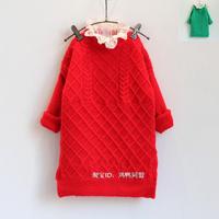 韩国童装2015女童秋装新款红色长袖蕾丝领花边毛衣裙儿童连衣裙子