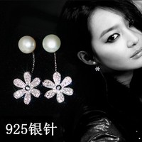 韩国申敏儿同款 925银耳针后挂式珍珠耳钉小雏菊花朵锆石耳钉