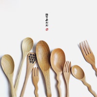 lototo日式简约原木勺子咖啡勺宝宝勺木叉子小汤勺饭勺无漆勺家用