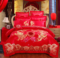 婚庆四件套大红纯棉刺绣龙凤新结婚房床上用品4六十多件套全棉