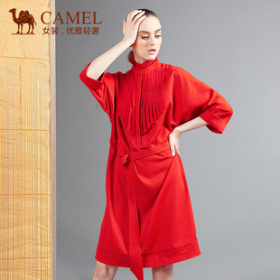 Camel/骆驼女装2015秋装新款蝙蝠袖中长款女裙子红色七分袖连衣裙