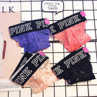 PINK字母黑蕾丝透明性感棉裆女士三角中低腰情趣女士丁字裤T内裤
