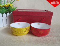 订制送礼盒 景德镇陶瓷定做 红、黄寿碗 对碗 金边寿字碗 长寿碗
