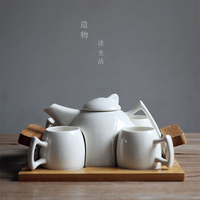 川岛屋 日式简约纯白陶瓷茶具茶壶茶杯竹托盘六件套装CJ-8