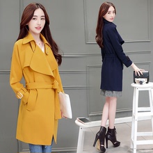 2016秋季中长款系带长袖直筒纯色甜美外套常规韩版女装新款风衣