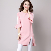 2016秋季新款韩版大码女装纯色圆领套头打底修身荷叶袖针织连衣裙