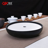 黑陶瓷储蓄水茶盘 圆形便携式小号排水茶台日式干泡茶海粗陶托盘
