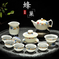 景德镇水晶镂空特价青花玲珑功夫茶具套装整套陶瓷盖碗茶壶杯包邮