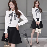 淑女套装裙秋韩国学生白色翻领印花系带长袖衬衣a字半身短裙两件
