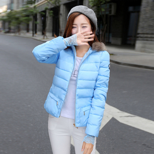 实拍2015冬装新款韩版修身蕾丝袖毛领轻薄短款羽绒服棉服女