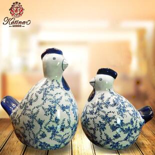 卡提娜陶瓷鸡一对 青花陶瓷母子鸡工艺品装饰家居新房 陶瓷摆件