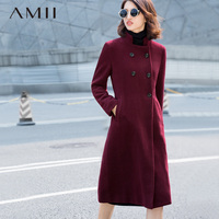 Amii[极简主义]2015冬新中长款修身高领双排扣毛呢外套女11571730