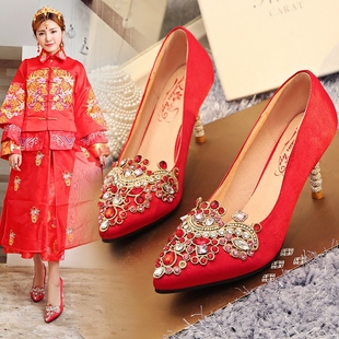 百搭婚鞋水钻细跟高跟鞋红色绸缎中式结婚新娘鞋尖头浅口单鞋女鞋