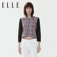 ELLE专柜同步 2015秋季时尚短款几何印花纱网拼接性感圆领套头衫
