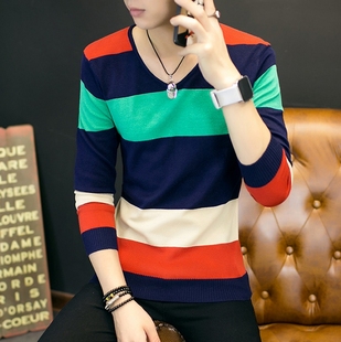 青少年秋季长袖T恤男士修身薄款v领打底衫韩版潮流男学生衣服条纹