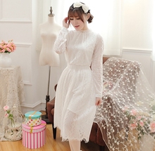2015春装新款女装甜美宫廷蕾丝长袖连衣裙韩版绣花镂空白色 长裙