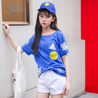 2016年韩版新款短袖女几何图案趣味贴印花上衣运动休闲宽松T恤衫