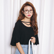 韩国代购2016夏季吊坠领喇叭袖T恤女装时尚冰丝棉短袖衫