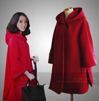 2015冬装女中长款连帽款大红色暗扣羊绒羊毛呢大衣外套加厚特厚款
