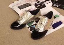 欧洲站2015英伦时尚女鞋 圆头系带低跟深口单鞋 真皮拼接休闲女鞋