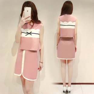 小香风2016夏季新款女装粉色无袖两件套装修身包臀连衣裙