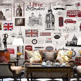 复古伦敦手绘欧洲大型壁画电视背景墙休闲酒吧咖啡厅墙纸壁纸712
